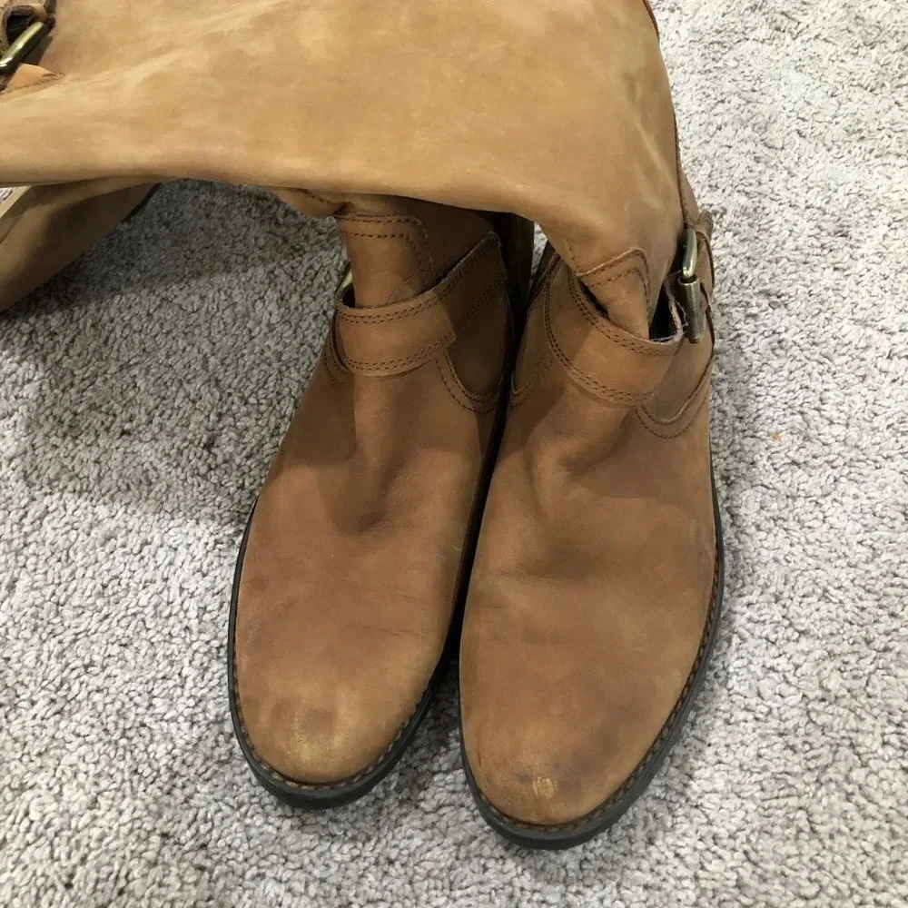 Eddie Bauer Tan Nubuck Leather Tall Riding Boots with Buckle and Lug Sole